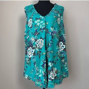 NWT Daniel Rainn Women Tank Top 1X Teal Floral Crochet‎ Flowy Cottage Romantic